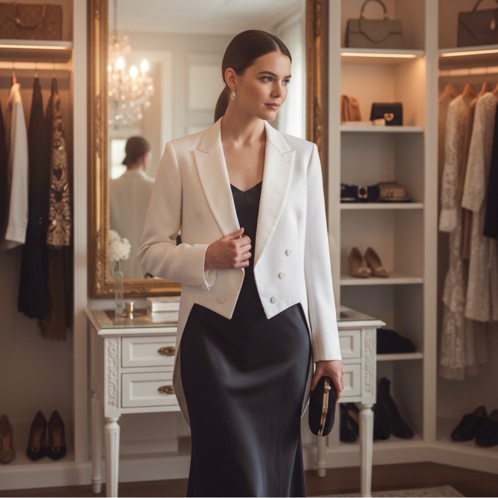 After Six Formals White Tailcoat Jacket with Satin Lapels. Size 39R